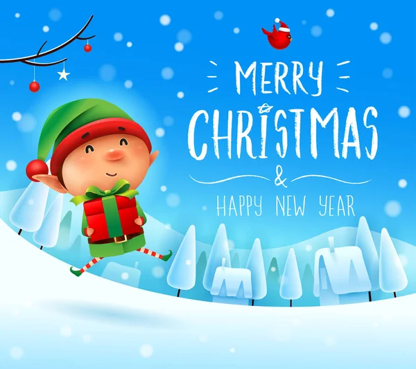 Веселого Різдва Маленький Ельф Подарунком Різдвяній Сніговій Сцені Зимовий Пейзаж — стоковий вектор