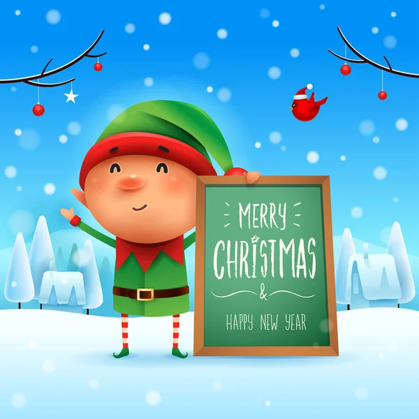 Joyeux Noël Petit Elfe Avec Babillard Dans Neige Noël Scène — Image vectorielle