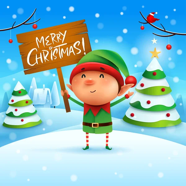 Καλά Χριστούγεννα Μικρό Ξωτικό Κατέχει Ξύλινη Σανίδα Εισέλθετε Στο Χριστουγεννιάτικο — Διανυσματικό Αρχείο