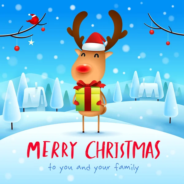Joyeux Noël Renne Nez Rouge Avec Cadeau Présent Dans Paysage — Image vectorielle