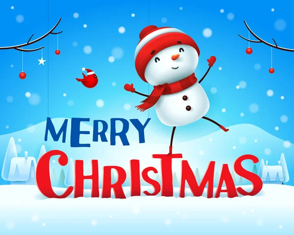 Счастливого Рождества Веселый Снеговик Рождественской Снежной Сцене — стоковый вектор