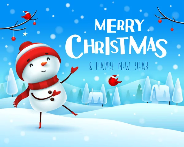 Merry Christmas Cheerful Snowman Greets Christmas Snow Scene Winter Landscape — Stock Vector