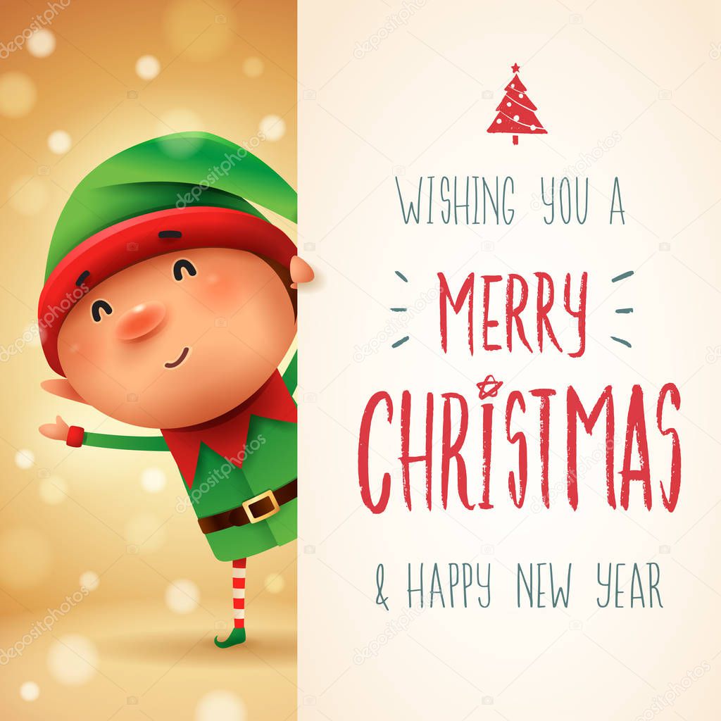Little Elf with big signboard. Merry Christmas calligraphy lettering design. Creative typography for holiday greeting.