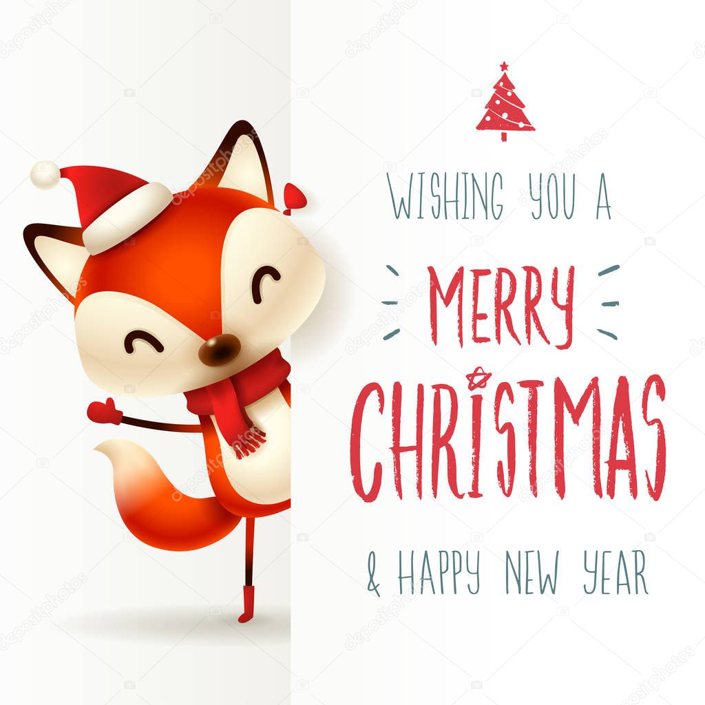 Cute little fox with big signboard. Merry Christmas calligraphy lettering design. Creative typography for holiday greeting.