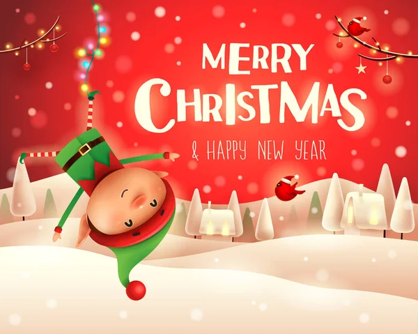 Веселого Різдва Маленький Ельф Звисає Догори Ногами Різдвяній Сніговій Сцені — стоковий вектор