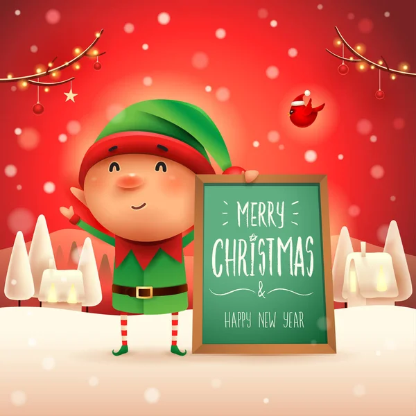 Feliz Navidad Pequeño Elfo Con Tablero Mensajes Navidad Escena Nieve — Vector de stock