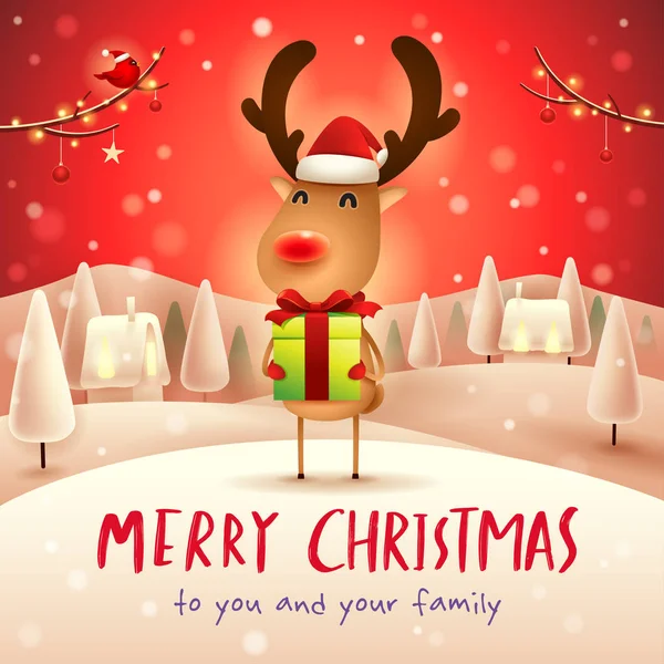 Joyeux Noël Renne Nez Rouge Avec Cadeau Présent Dans Paysage — Image vectorielle