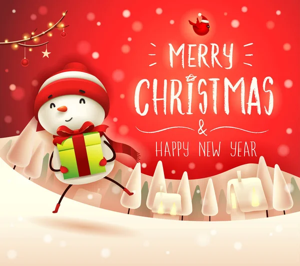 Merry Christmas Cheerful Snowman Gift Present Christmas Snow Scene Winter — Stock Vector