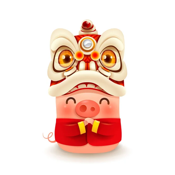 Petit Cochon Avec Tête Danse Lion Nouvel Chinois Isolé — Image vectorielle