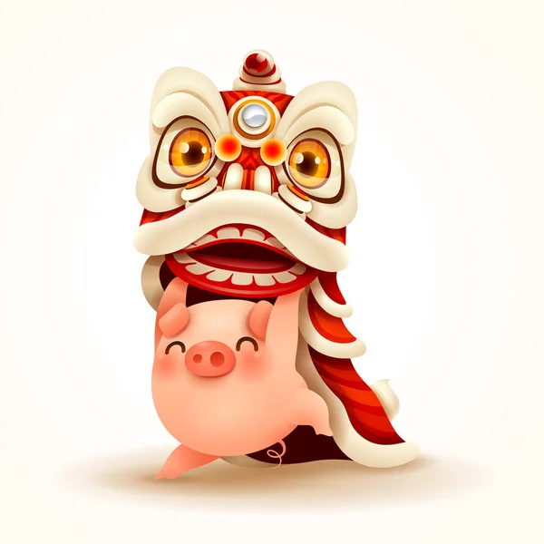 Little Pig Realiza Chinese New Year Lion Dance Aislado — Vector de stock