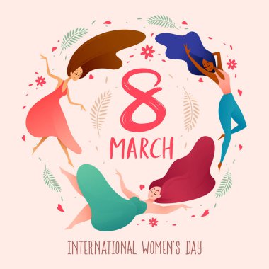 Uluslararası Kadınlar Günü. Havada levitating kadınlar.
