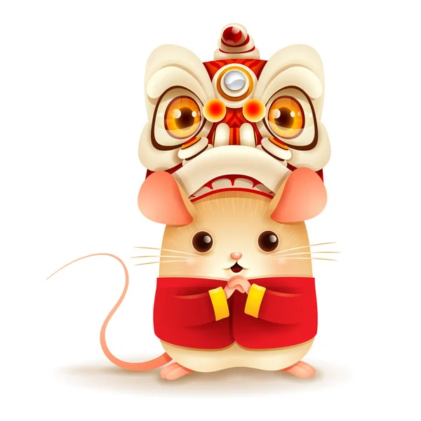 De kleine rat met Chinese New Year Lion Dance Head. — Stockvector