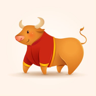 Geleneksel Asya kostümüyle Çin öküzü. Çin Yeni Yılı 2021. Öküz Yılı.