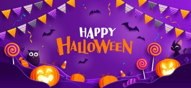 Mutlu Cadılar Bayramı eğlence partisi arka plan tasarımının kağıt grafiği. Cadılar Bayramı öğeleri.