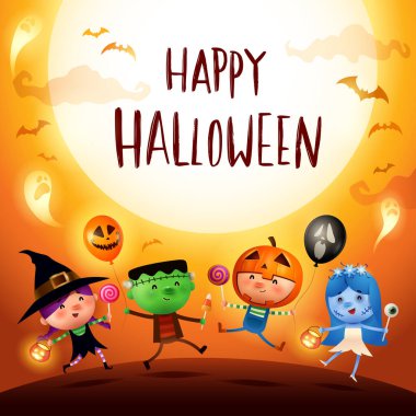 Mutlu Cadılar Bayramı! Cadılar Bayramı Çocuk Kostümü Partisi. Cadılar Bayramı kostümlü bir grup çocuk..