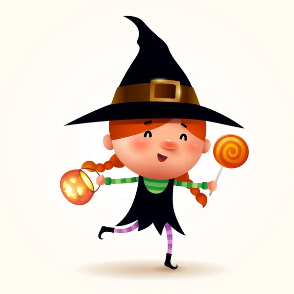 Halloween Little Witch Girl Kid Halloween Costume Isolated — Stock Vector