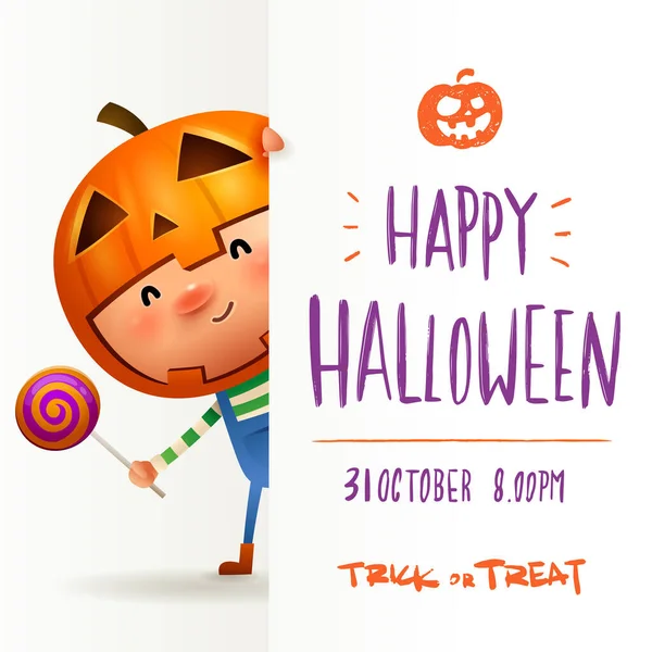 Pompoen Kid Met Groot Bord Gelukkige Halloween Kalligrafie Belettering Ontwerp — Stockvector