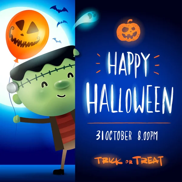 Pequeno Monstro Verde Com Grande Tabuleta Feliz Halloween Caligrafia Lettering —  Vetores de Stock