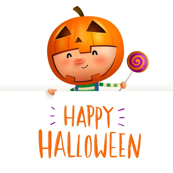 Pumpkin Kid Con Cartello Grande Buon Halloween Calligrafia Lettering Design — Vettoriale Stock