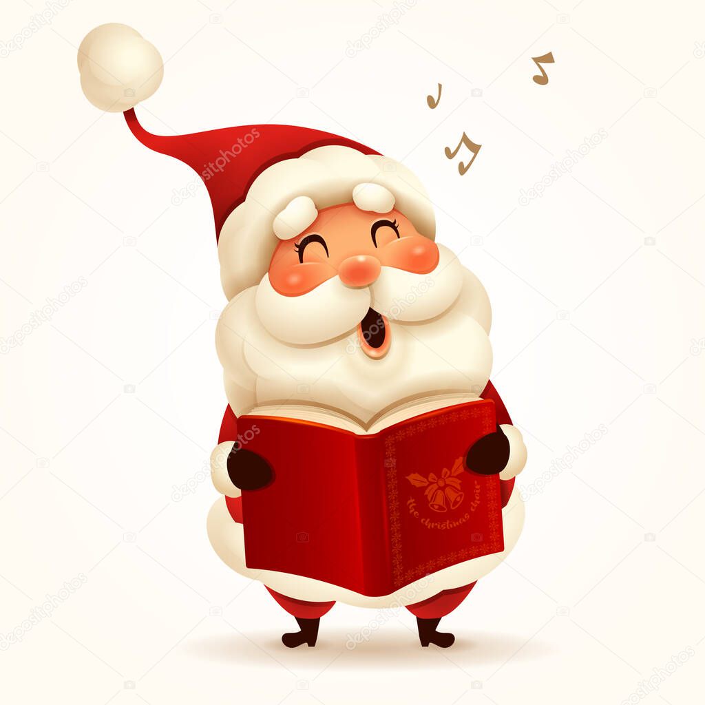 Santa Claus singing Christmas carol. Isolated.