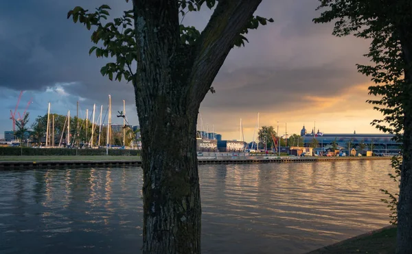 Sonnenuntergang Über Dem Hafen Von Amsterdam Den Niederlanden — Stockfoto