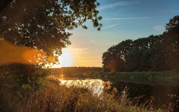 Paisagem Holandês Natureza Água Árvores Pôr Sol Países Baixos — Fotografia de Stock