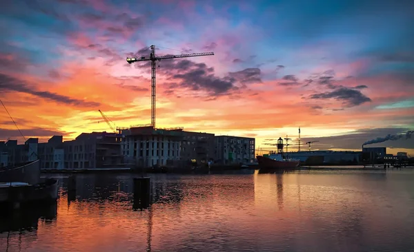 Барвисті Захід Сонця Над Waterfront Амстердама Нідерландах — стокове фото