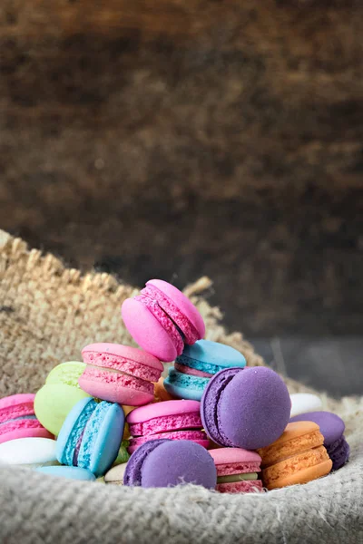 Colorful Macarons Sack Wooden Table — Stock Photo, Image