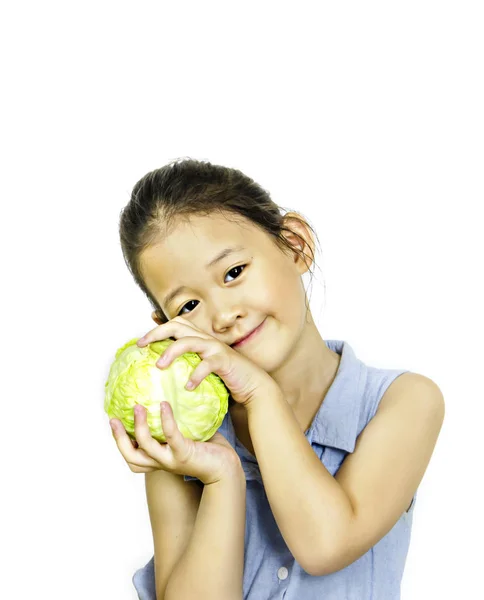 Aziatische Meisje Houden Van Verse Kool Witte Achtergrond — Stockfoto