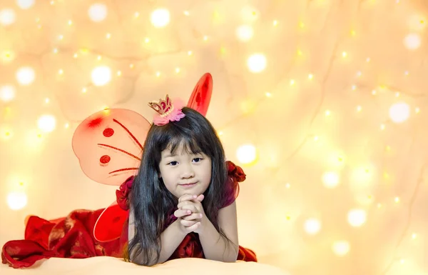 Portrait Asian Little Cute Girl Light Bokeh Background Fairy Tale — Stock Photo, Image