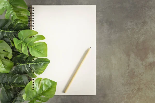 Caderneta em branco e folhas verdes — Fotografia de Stock