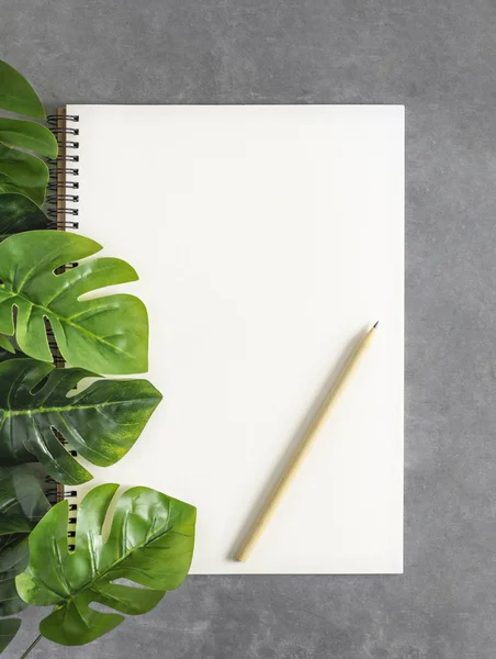 Caderneta em branco e folhas verdes — Fotografia de Stock