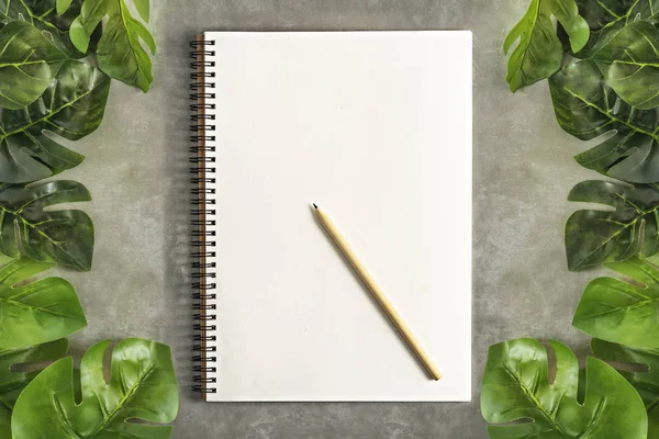 Sketchbook bianco e foglie verdi — Foto Stock
