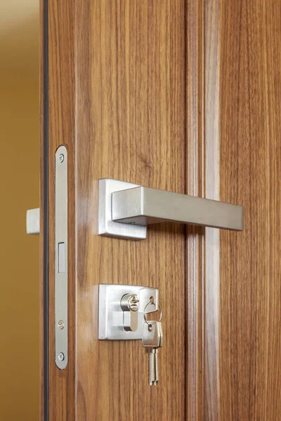 Metal door handle and lock on wooden door — Stockfoto