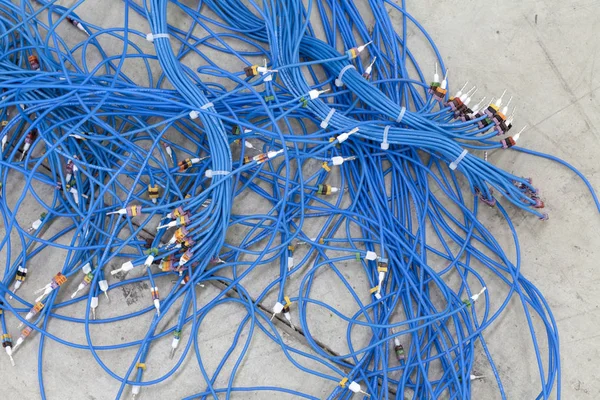 Bunch of blue cables with connectors — Stock Photo, Image