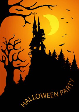 Dağın tepesinde bir peri kale ile korkunç koyu orman tarafından ayın ışığı parlak yaktı. Cadılar Bayramı için davet