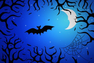 Gece gökyüzü arka plan karşı korkunç bir orman ağaçlarının dalları tarafından parlak ay, yarasalar arka ışık yaktı. Cadılar Bayramı için davet