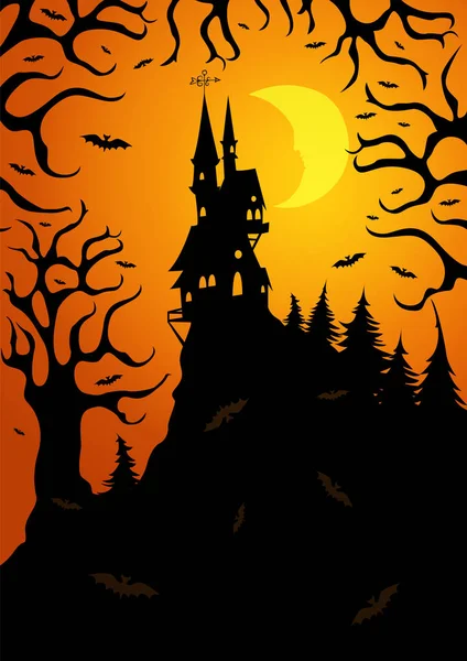 可怕的黑暗森林与一个童话城堡在山顶上照亮的月亮明亮的光 万圣节请柬 — 图库矢量图片