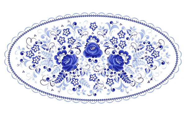 Овальный цветочный векторный элемент, абстрактный дизайн, выполненный в технике русского народного искусства Гжель — стоковый вектор
