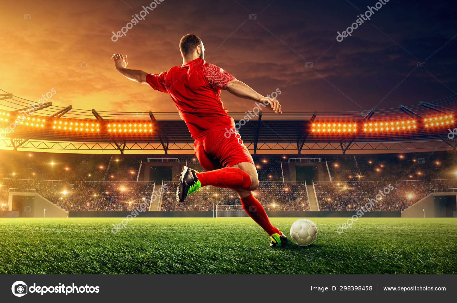 Ação do jogador de futebol no estádio