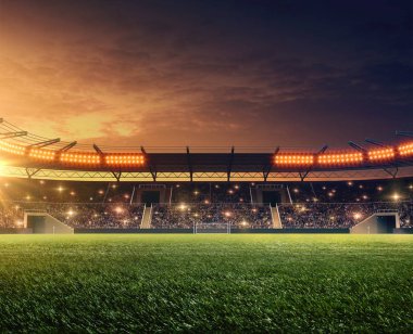 Futbol sahası. Gece dramatik gökyüzü, yeşil çim ente ve aydınlatma.