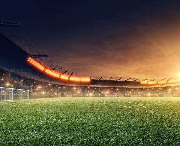 Estádio Futebol Noite Céu Dramático Grama Verde Iluminação — Fotografia de Stock