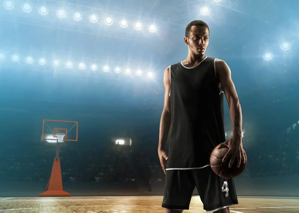 Afrikanischer Amerikanischer Basketballspieler Sportuniform Auf Einem Professionellen Flutlichtfeld — Stockfoto