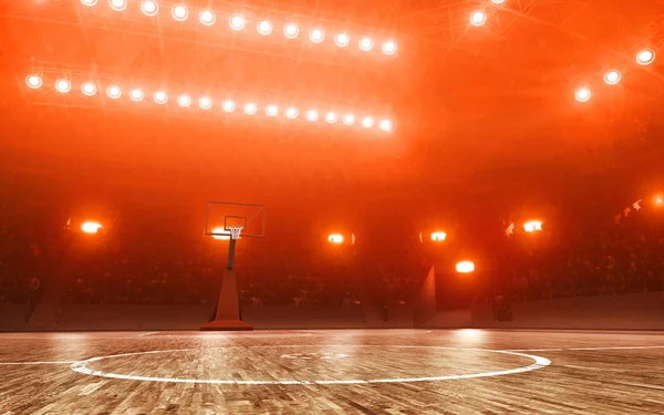 Basketballarena Mit Felge Auf Rotem Flutlicht Hintergrund — Stockfoto