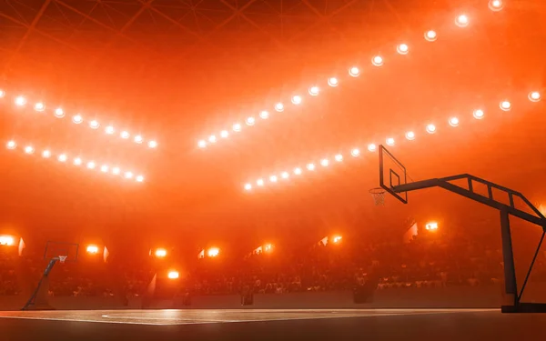Basketballfeld Mit Korb Auf Rotem Flutlicht Hintergrund — Stockfoto