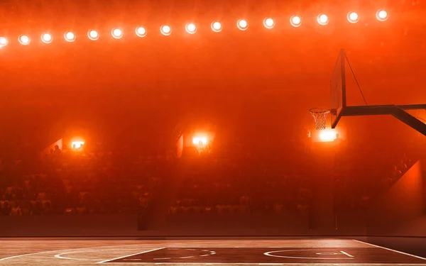 Пустая Профессиональная Баскетбольная Арена Баскетбольным Краем Прожекторном Красном Фоне — стоковое фото
