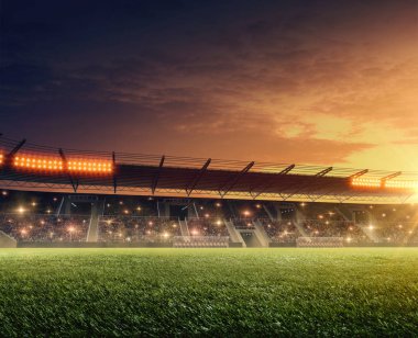 Aydınlatılmış tribünleri, yeşil otları ve dramatik gece gökyüzü olan gece futbol stadyumu.