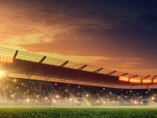 Estádio Futebol Noturno Com Tribunos Iluminados Grama Verde Céu Noturno — Fotografia de Stock