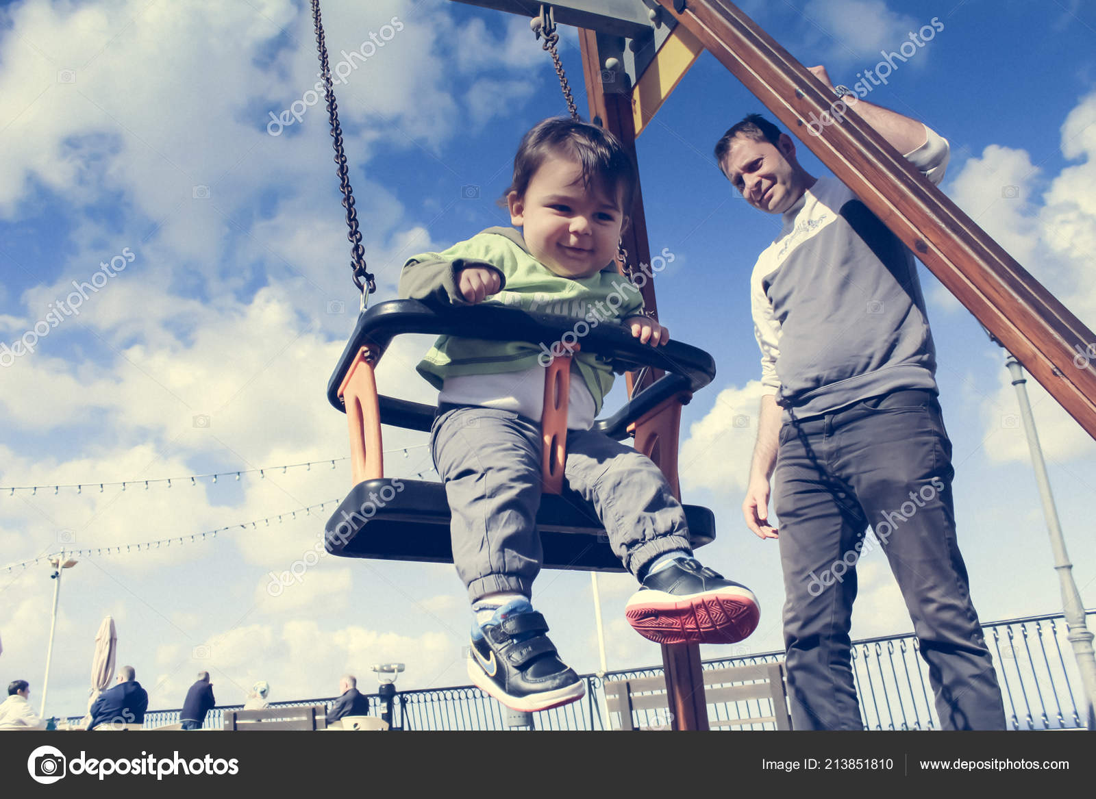 Father Son Playground Daddy Pushing Swing Toddler Stock