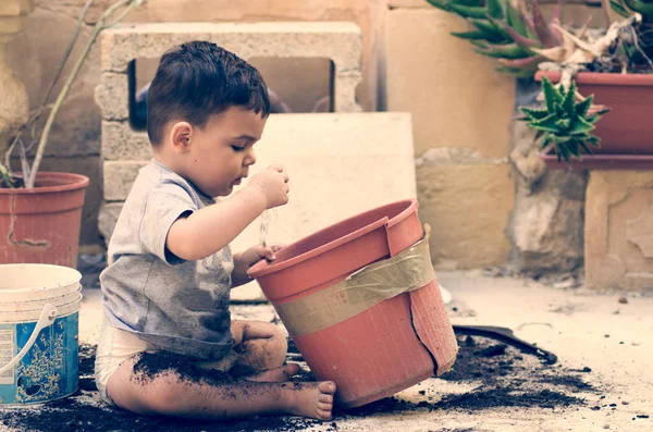 Kir ile oynarken, tencerede bitkiler dikim ve oynamak bir ve bir buçuk yaşında erkek bebek